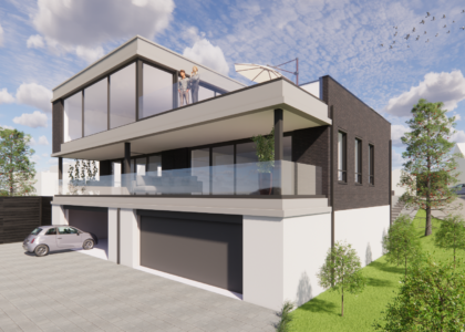Artist impression van de achterzijde van het nieuwe gebouw.