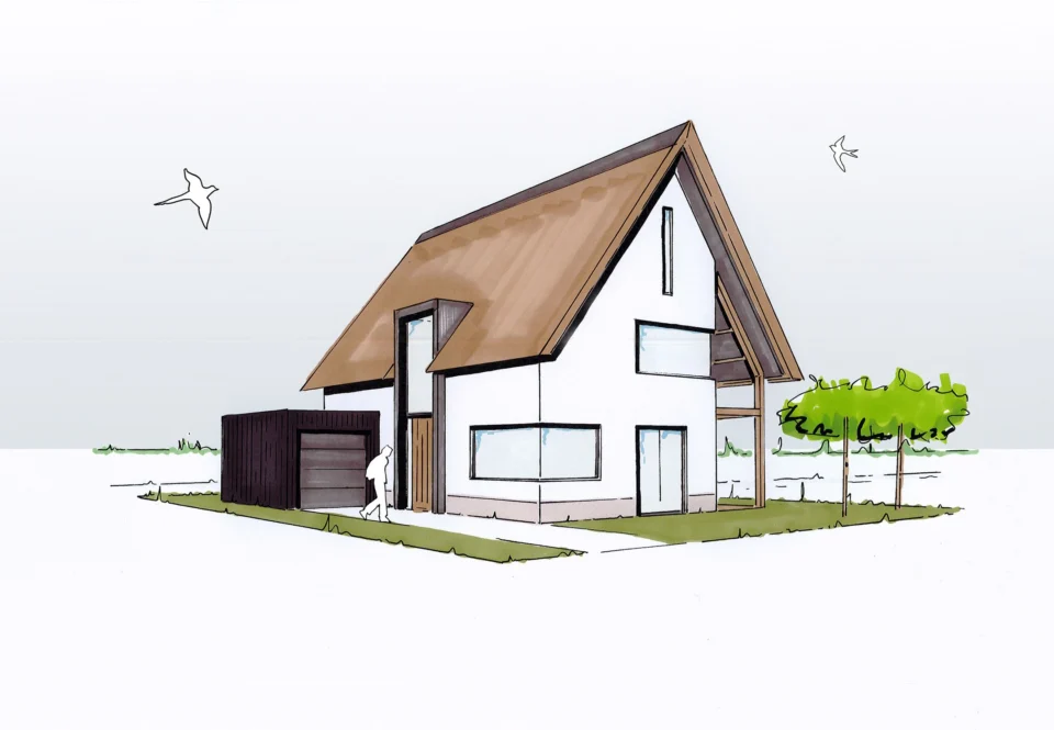 Schets moderne landelijke woning kavels Groot-Ammers