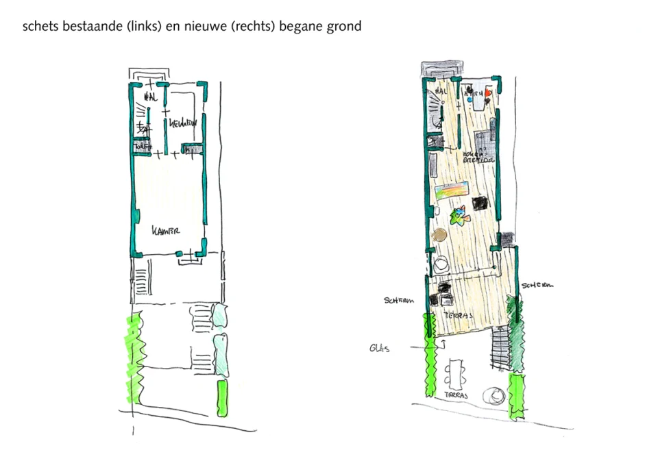Schetsen bestaande en nieuwe plattegrond