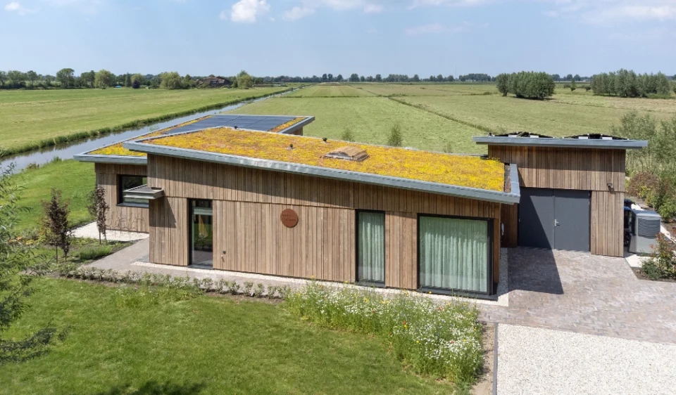 Sedumdak zorgt voor waterbeheer isolatie Houten bungalow in polder