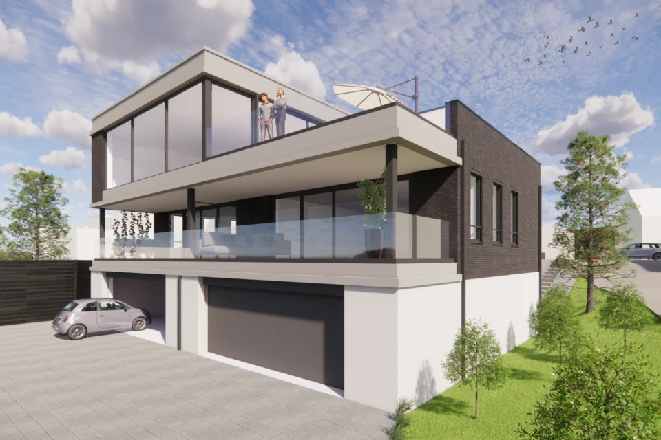 Artist impression van de achterzijde van het nieuwe gebouw.