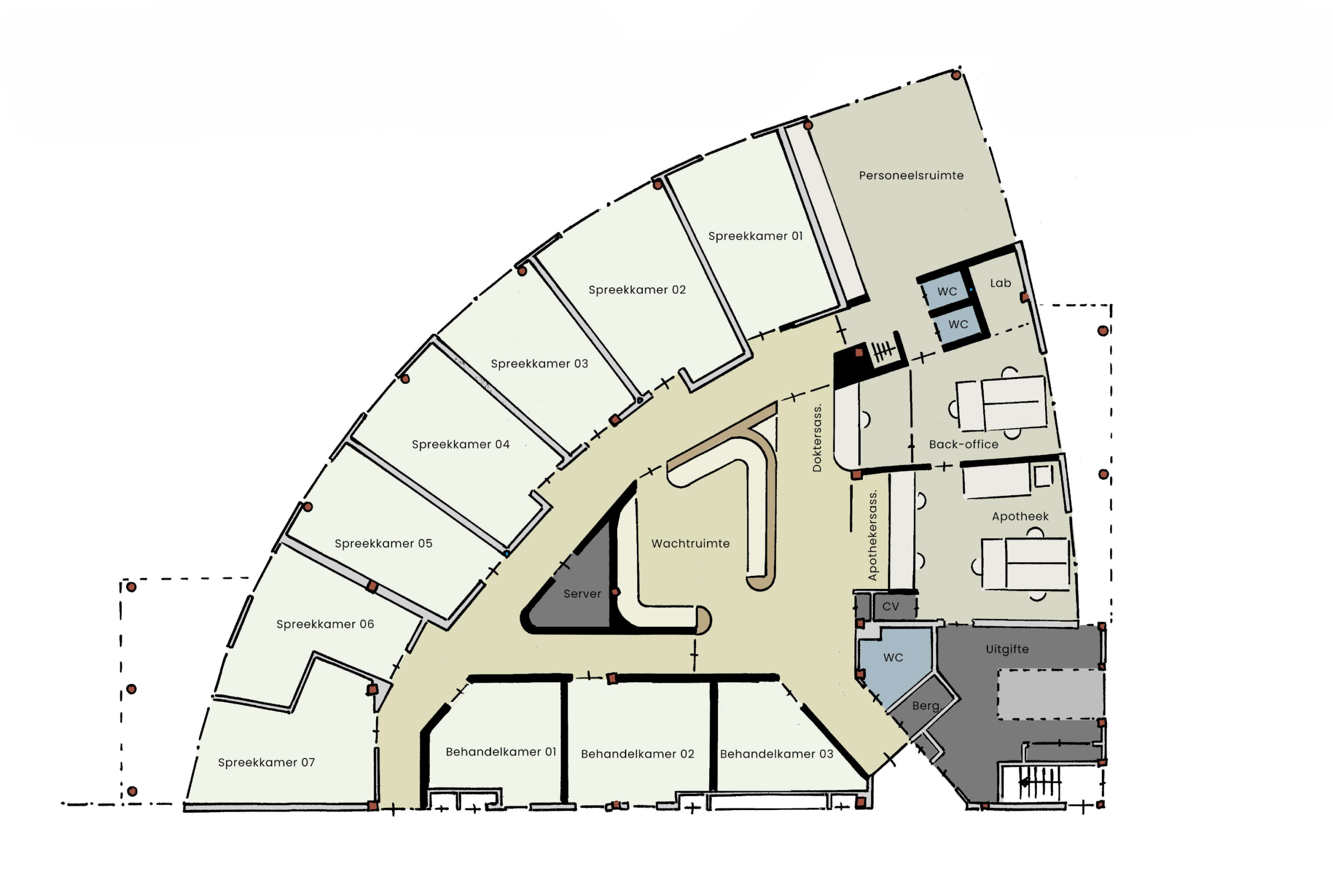 Schets van het nieuwe vloerplan. Schets van het nieuwe vloerplan voor de huisartsenpraktijk met optimalisatie van ruimte en daglichtintreding.