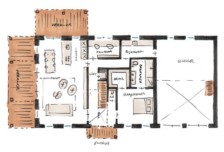 Schetsontwerp van een plattegrond van een schuurwoning